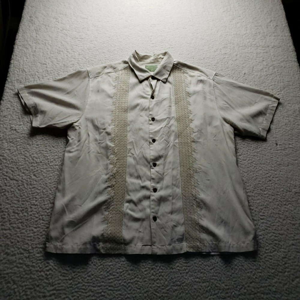 Tommy Bahama Shirt Mens XL White Solid Short Sleeve Silk Cotton Guayabera Camp